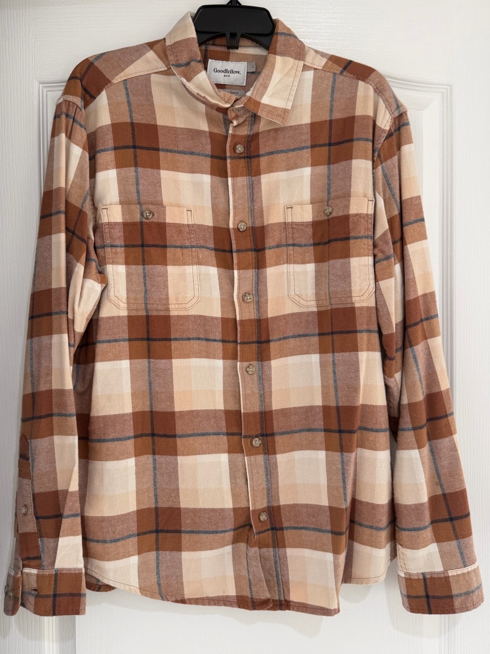 Goodfellow & Co Flannel Tan and Brown Plaid Button-Down Shirt